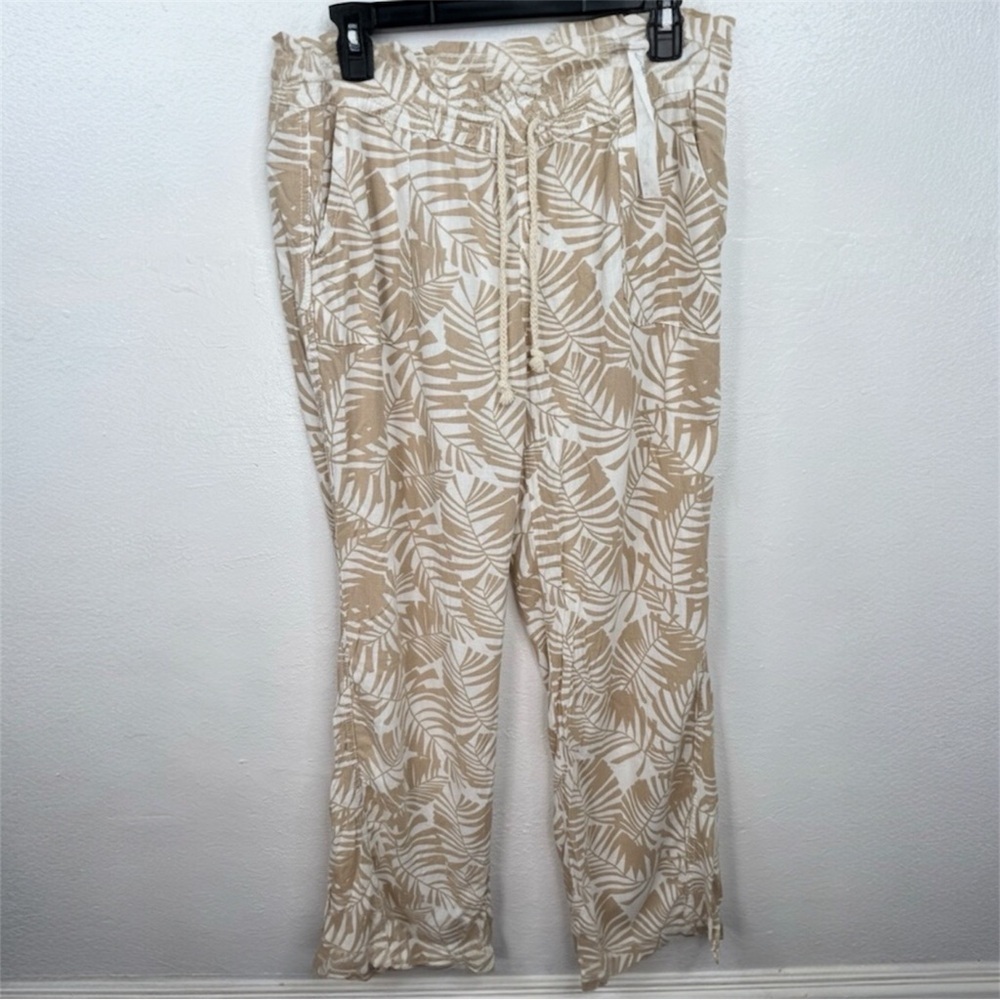 Cali 1850 Pants Womens Size L Beige Tropical Leaf Print Drawstring Straight Leg